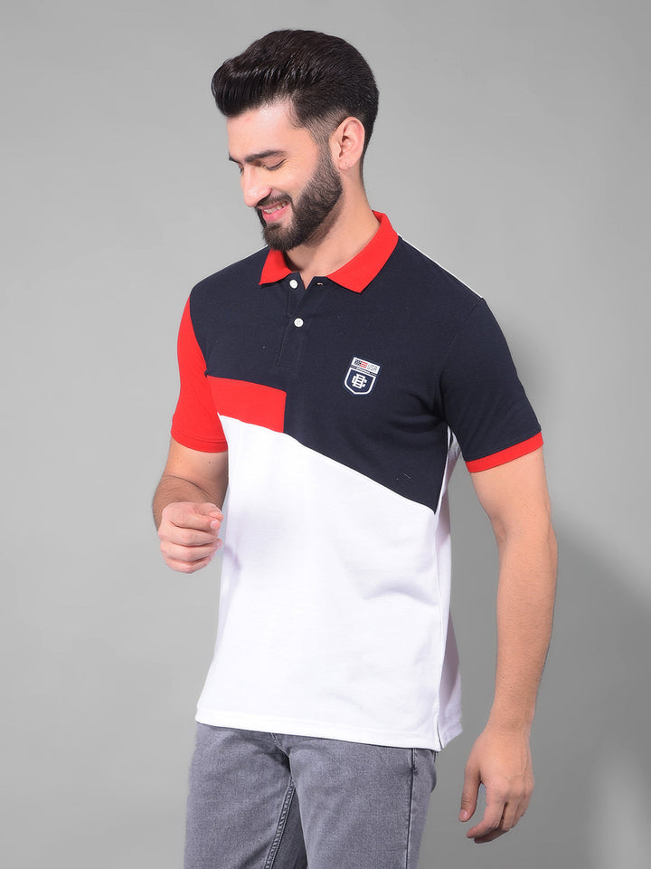 cobb navy red white colourblock polo neck t-shirt