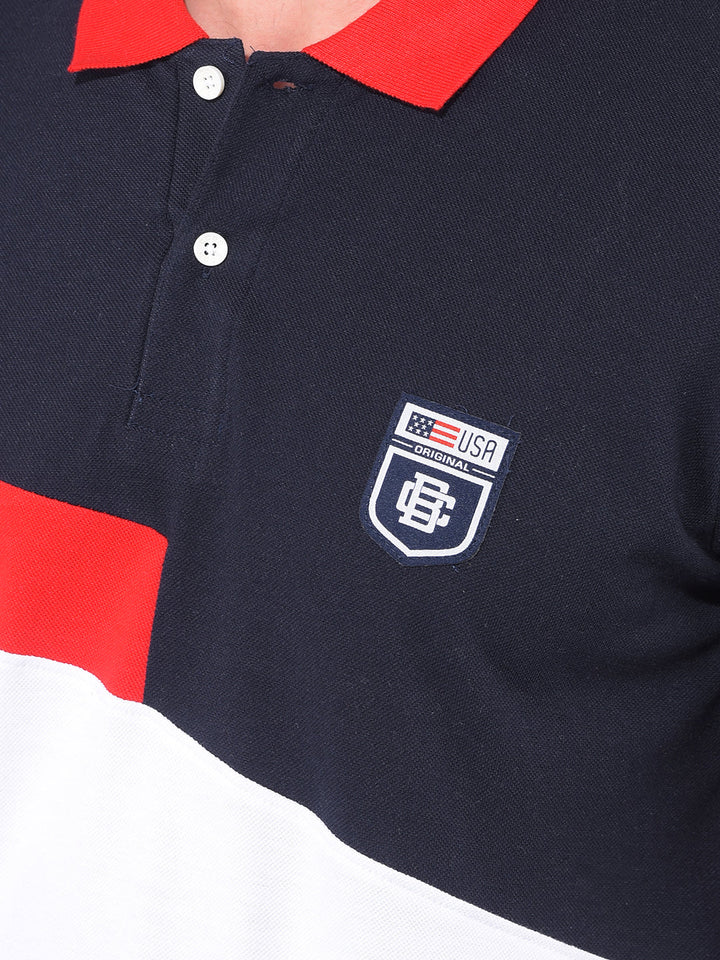 COBB NAVY RED WHITE COLOURBLOCK POLO NECK T-SHIRT