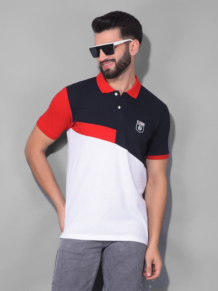 COBB NAVY RED WHITE COLOURBLOCK POLO NECK T-SHIRT