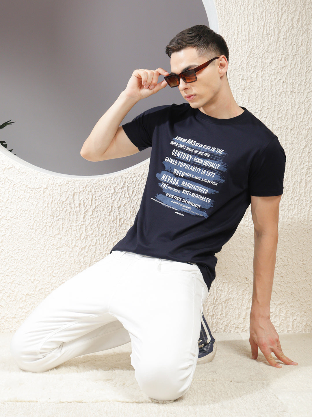 cobb navy blue printed round neck t-shirt