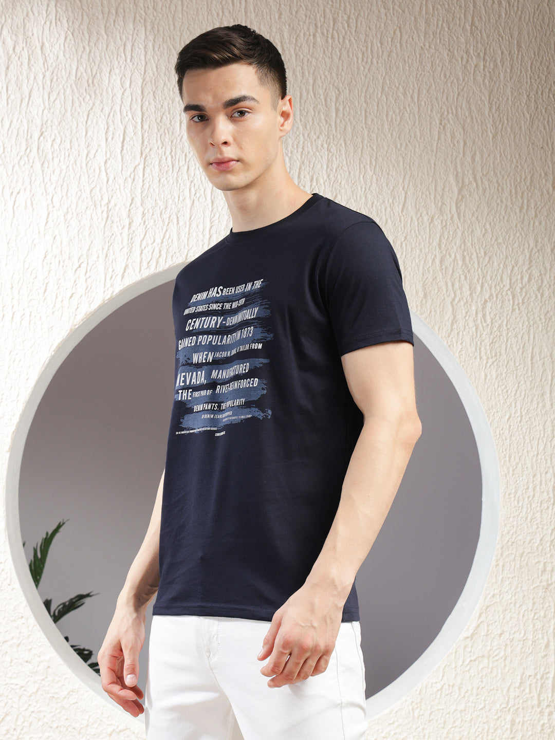 COBB NAVY BLUE PRINTED ROUND NECK T-SHIRT