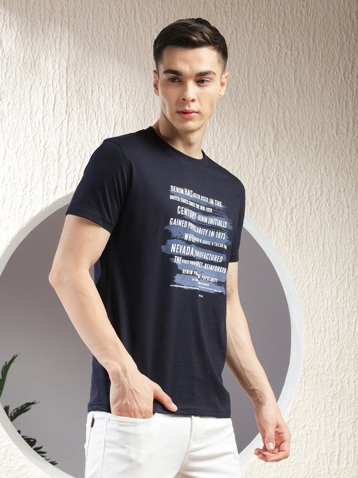 COBB NAVY BLUE PRINTED ROUND NECK T-SHIRT