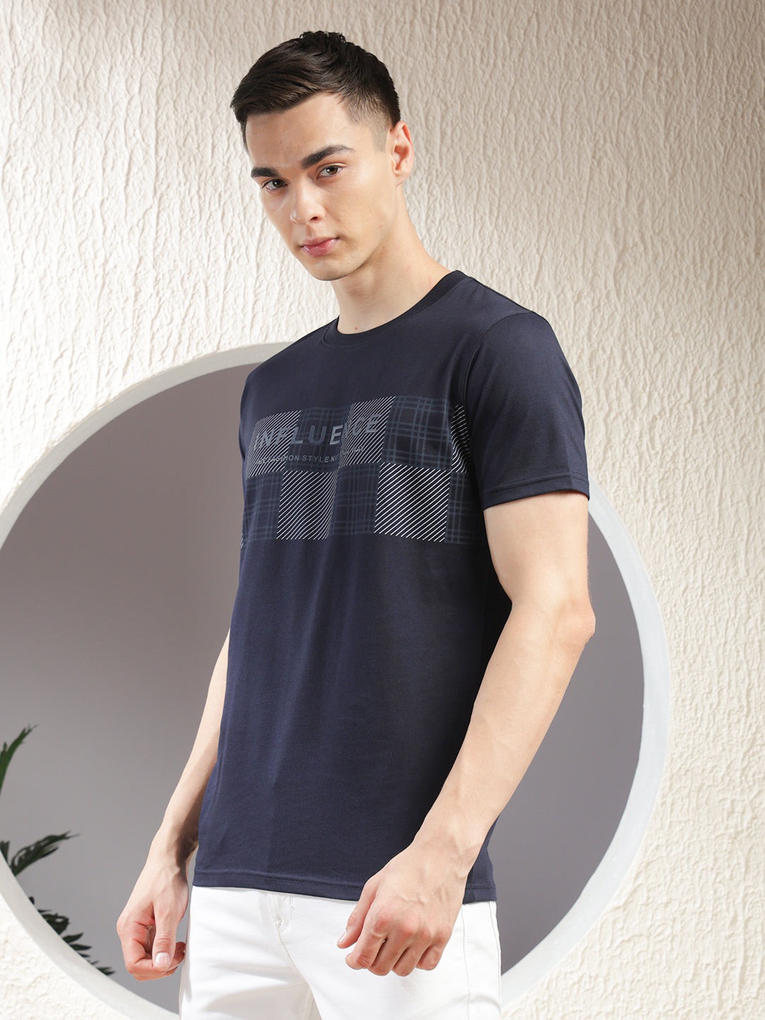 COBB NAVY BLUE PRINTED ROUND NECK T-SHIRT