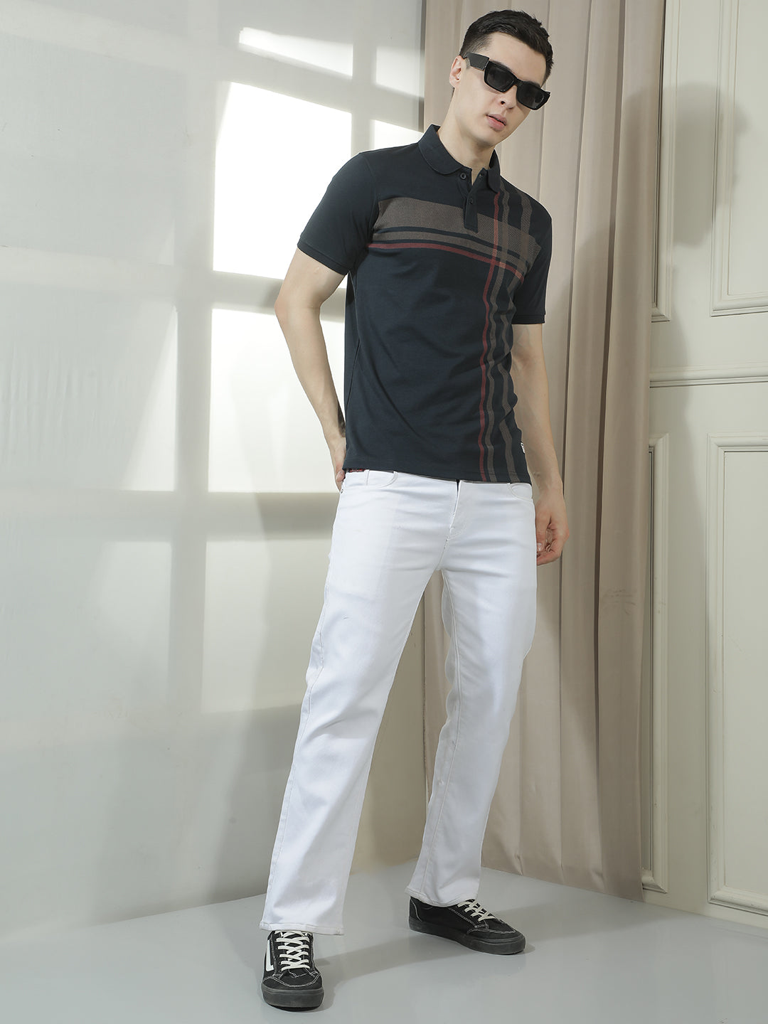 COBB BLACK STRIPED POLO NECK T-SHIRT