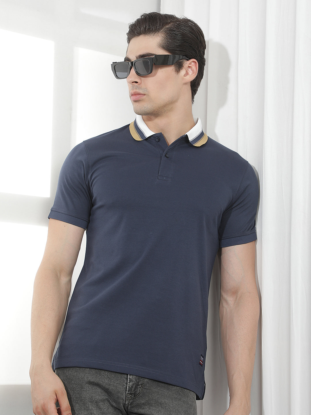 faded navy solid polo t-shirt