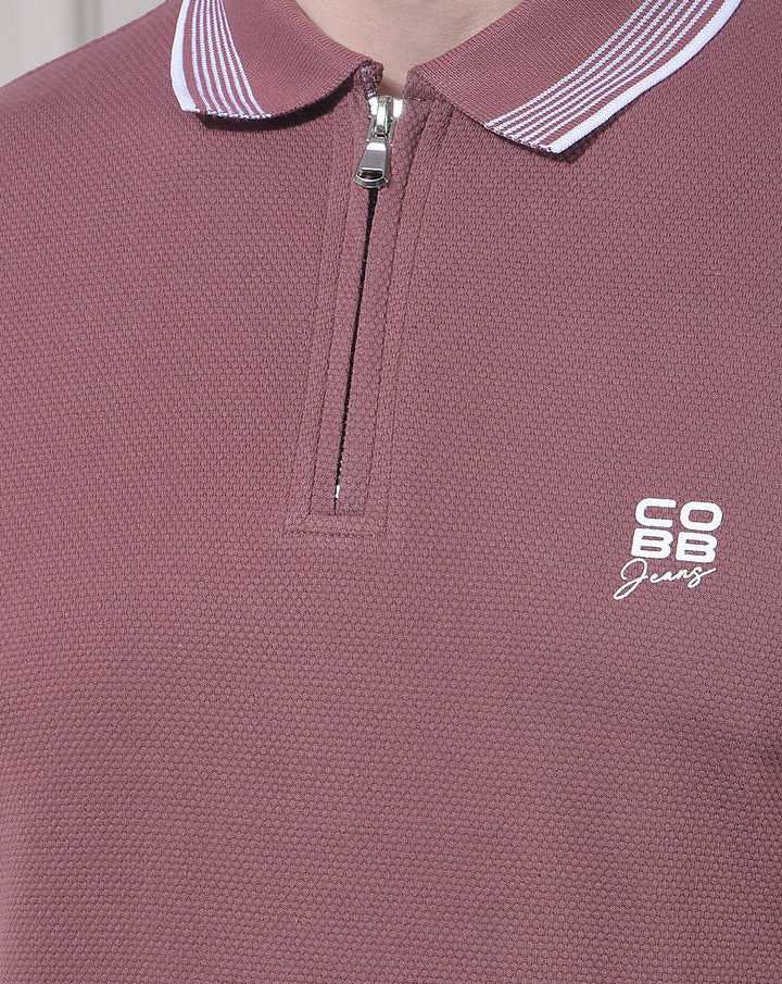 COBB MAUVE STRIPED POLO NECK T-SHIRT