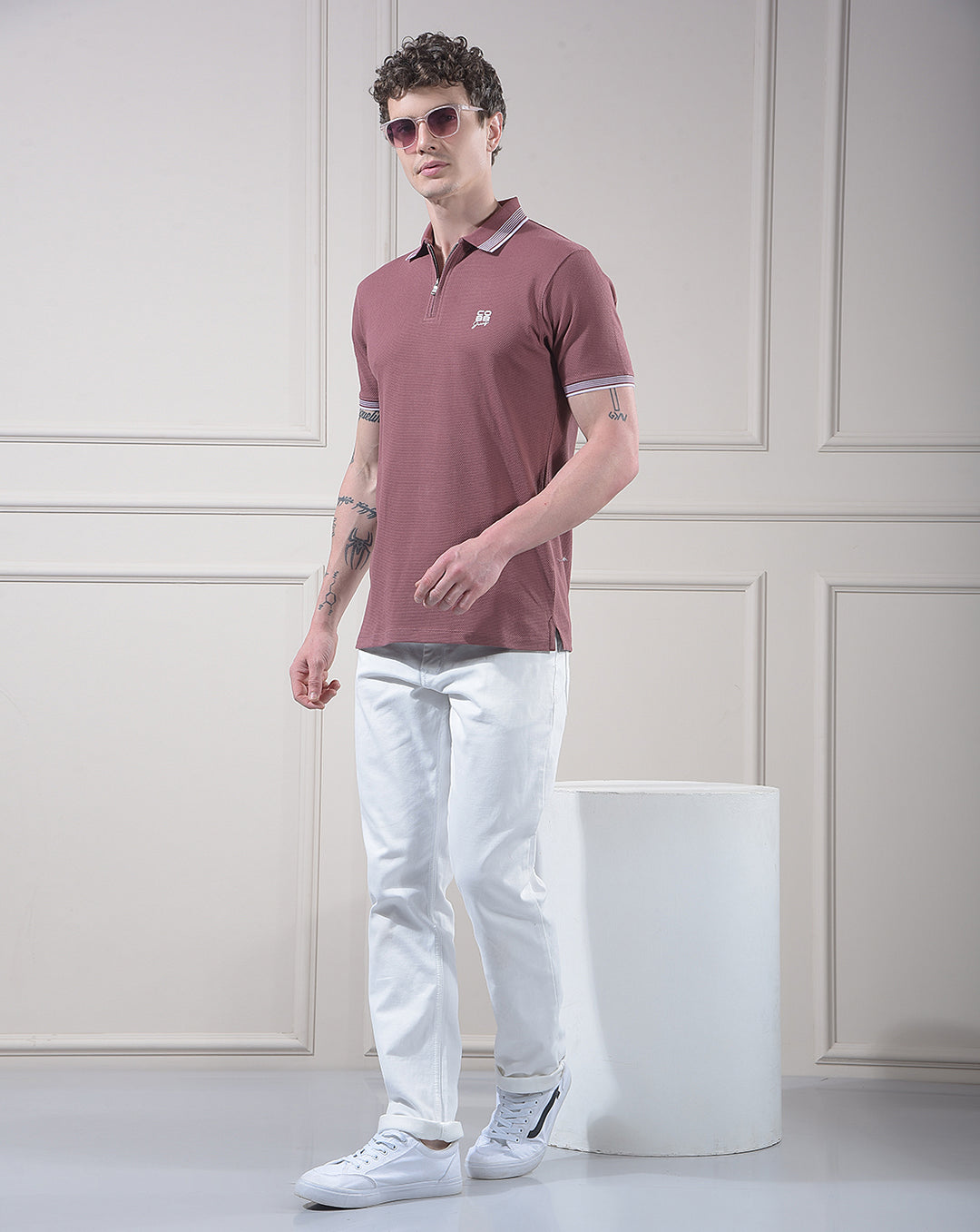 COBB MAUVE STRIPED POLO NECK T-SHIRT