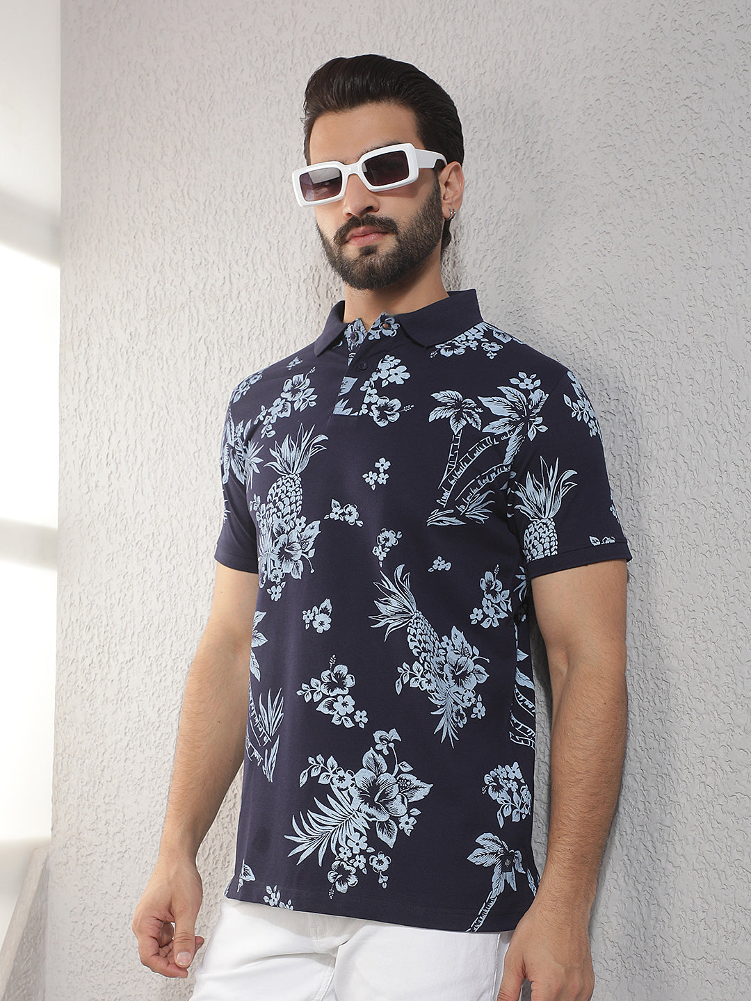 cobb navy blue printed polo neck t-shirt