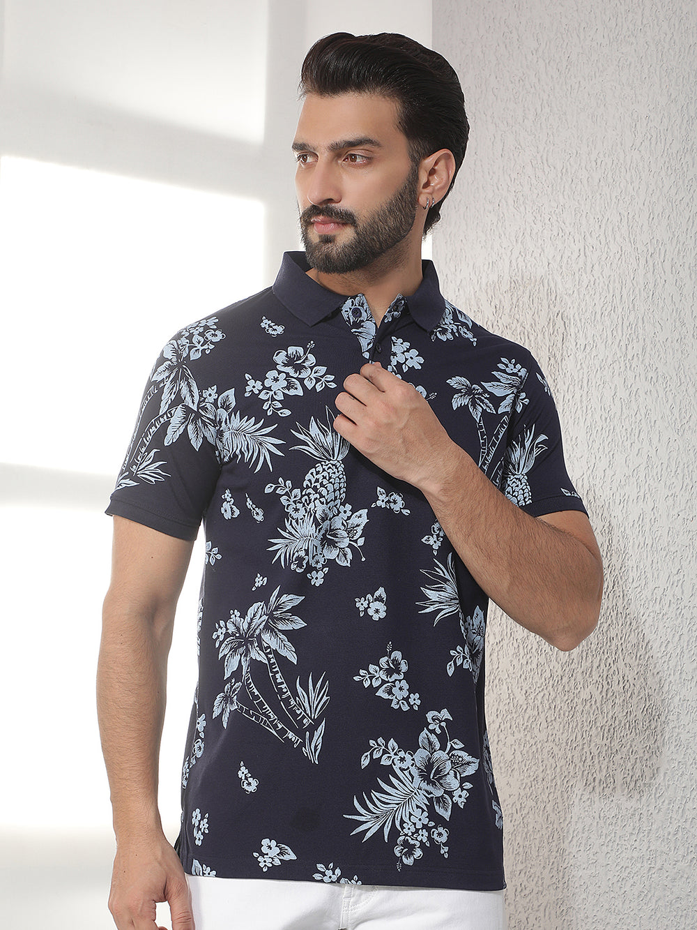 cobb navy blue printed polo neck t-shirt