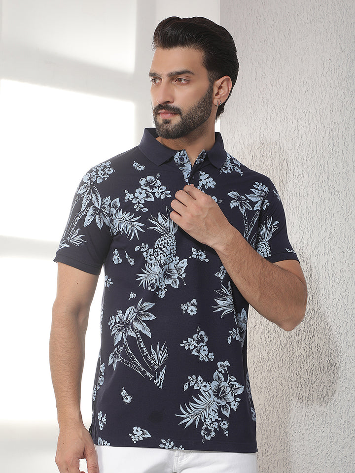 cobb navy blue printed polo neck t-shirt