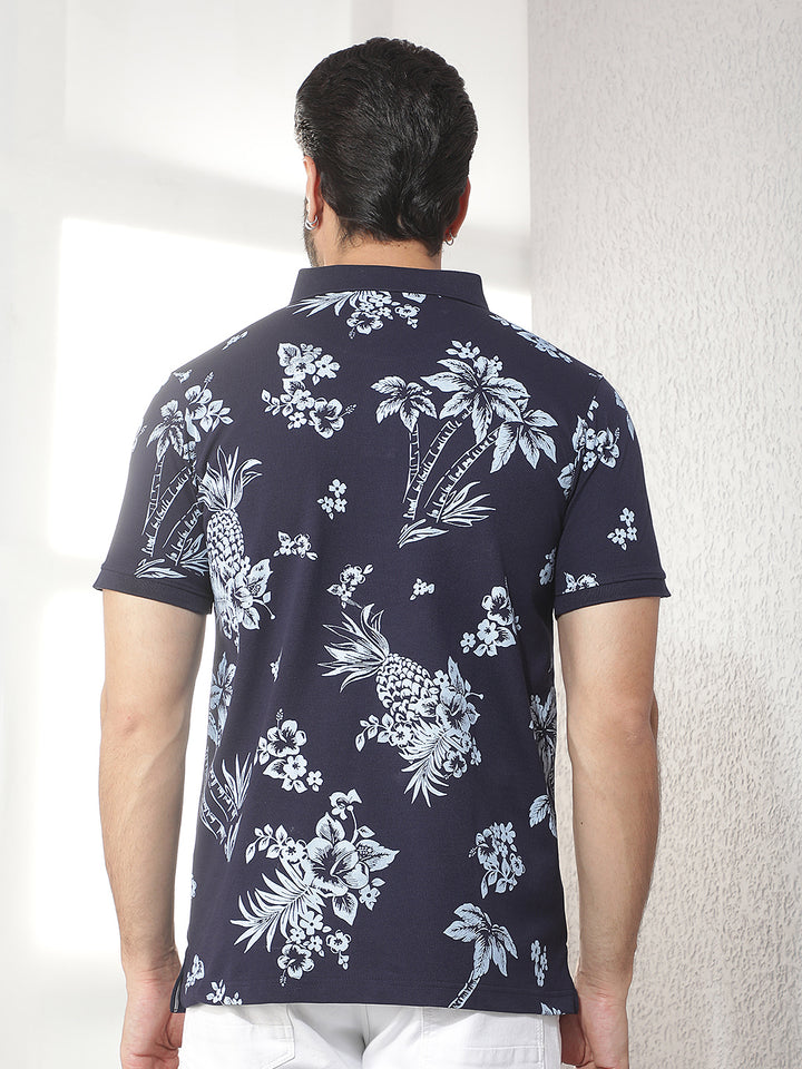 cobb navy blue printed polo neck t-shirt
