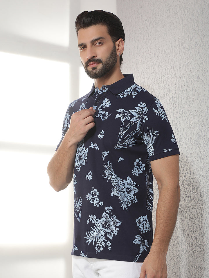 cobb navy blue printed polo neck t-shirt