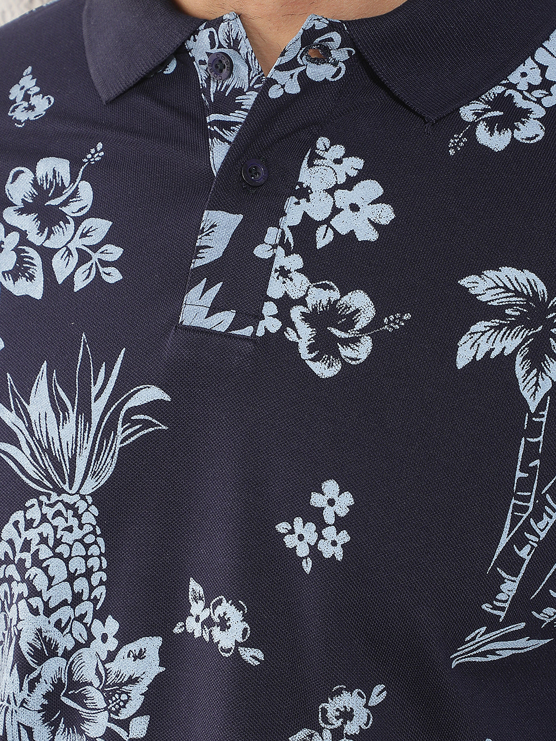 COBB NAVY BLUE PRINTED POLO NECK T-SHIRT