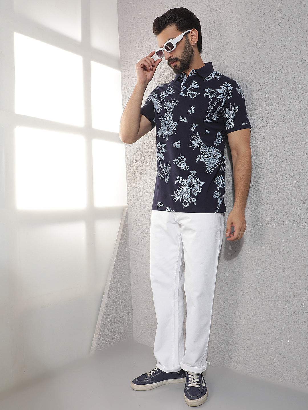 COBB NAVY BLUE PRINTED POLO NECK T-SHIRT