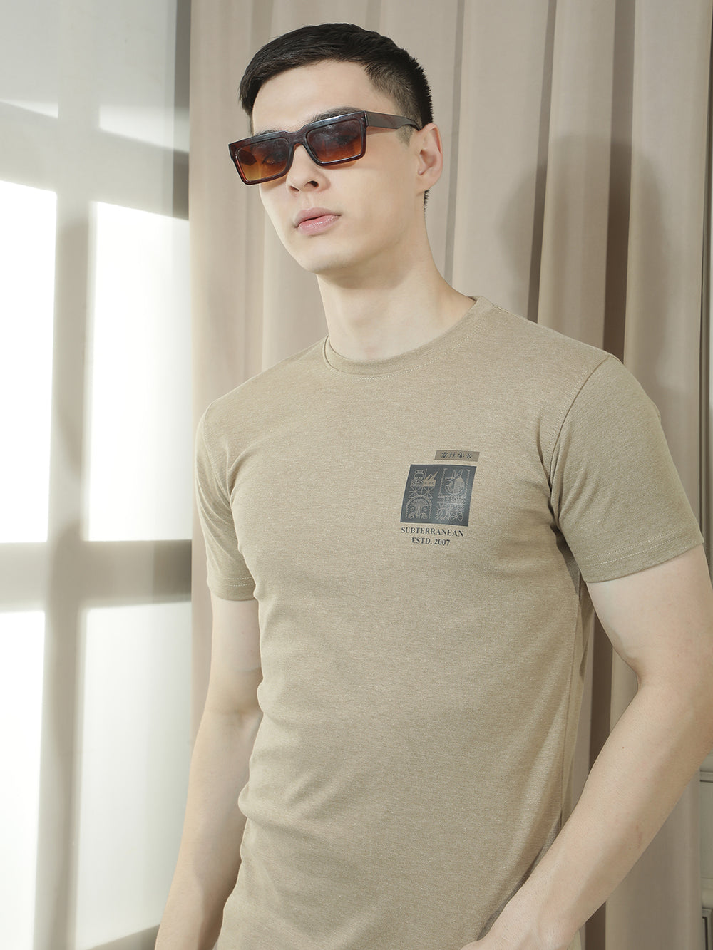 cobb brown printed round neck t-shirt