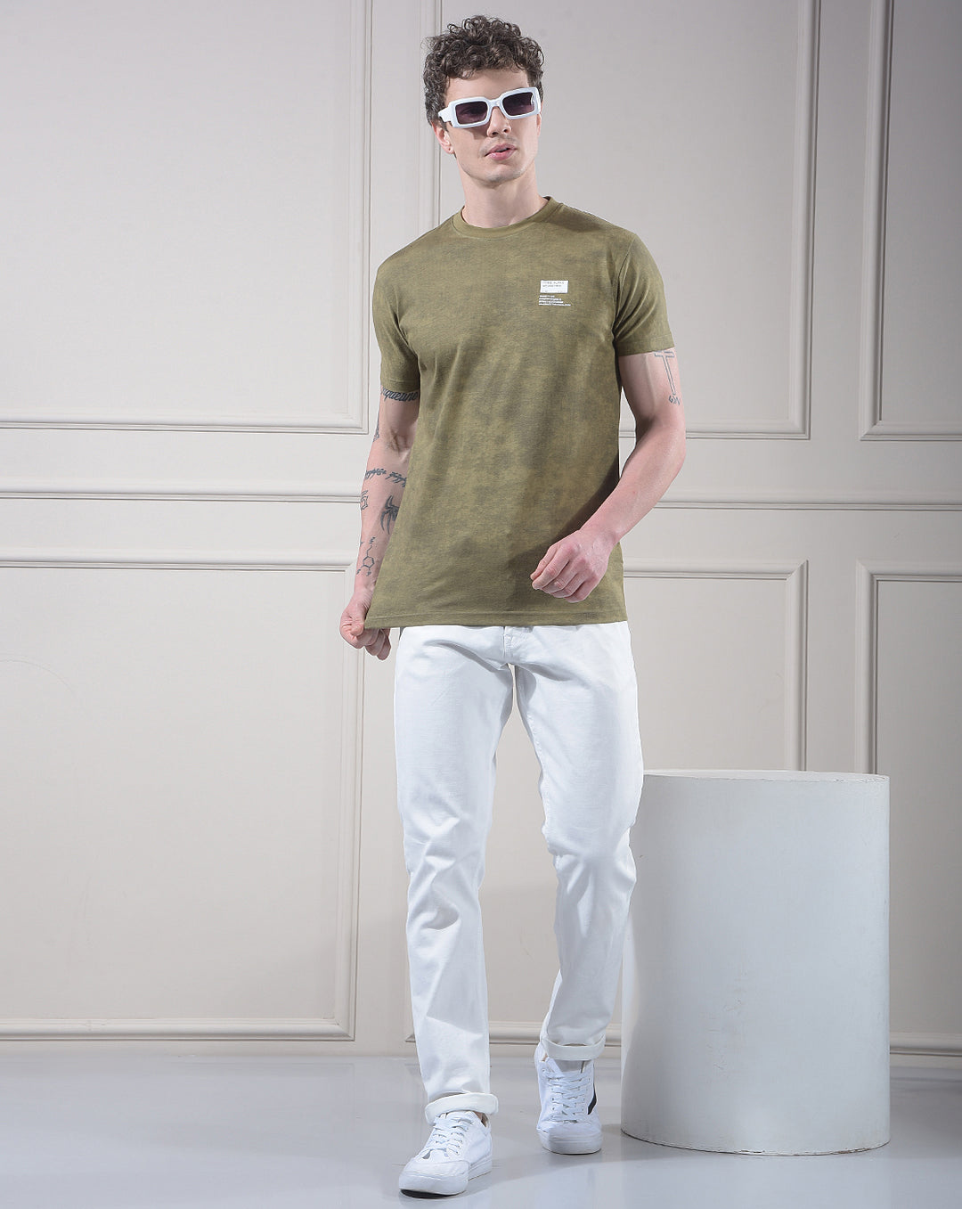 COBB OLIVE SELF-DESIGN ROUND NECK T-SHIRT