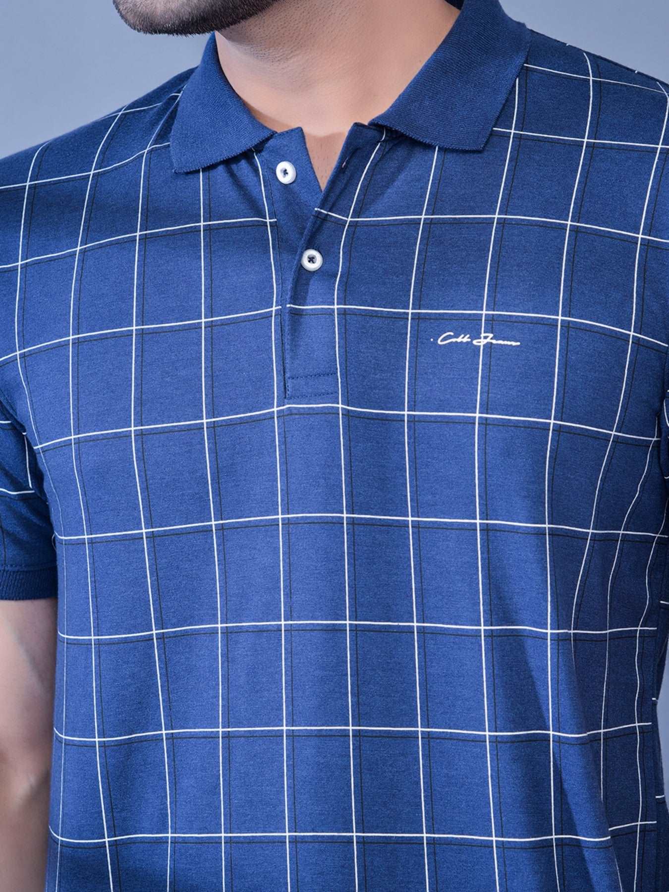 Cobb Blue Check Polo Neck T-Shirt