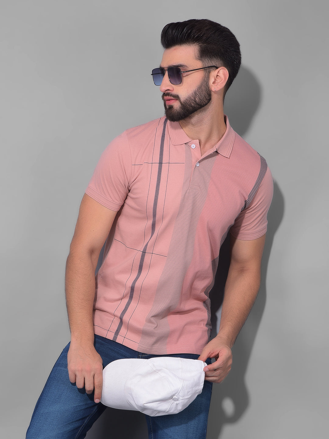 COBB CORAL PINK PRINTED POLO NECK T-SHIRT