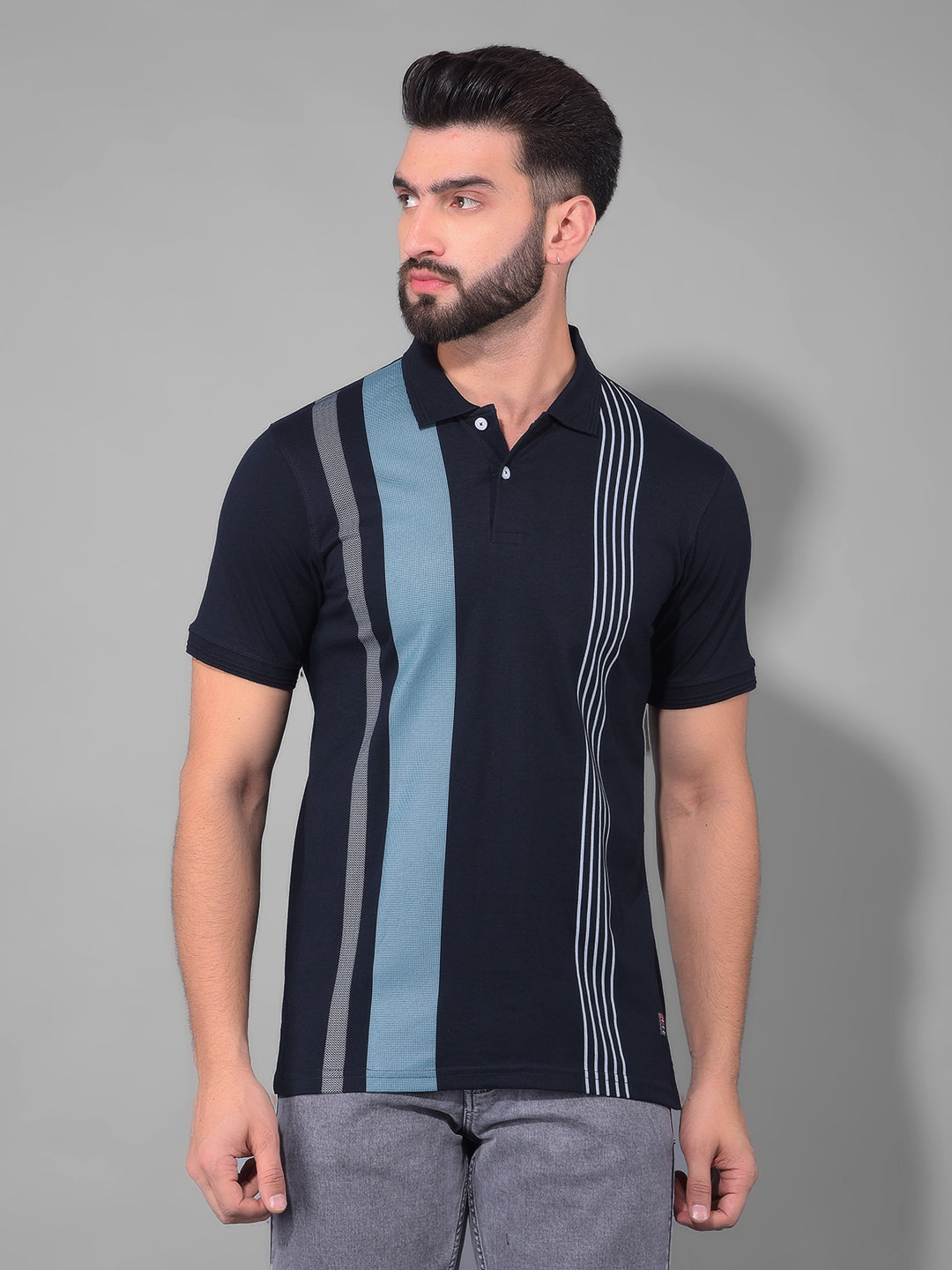 cobb navy blue striped polo neck t-shirt