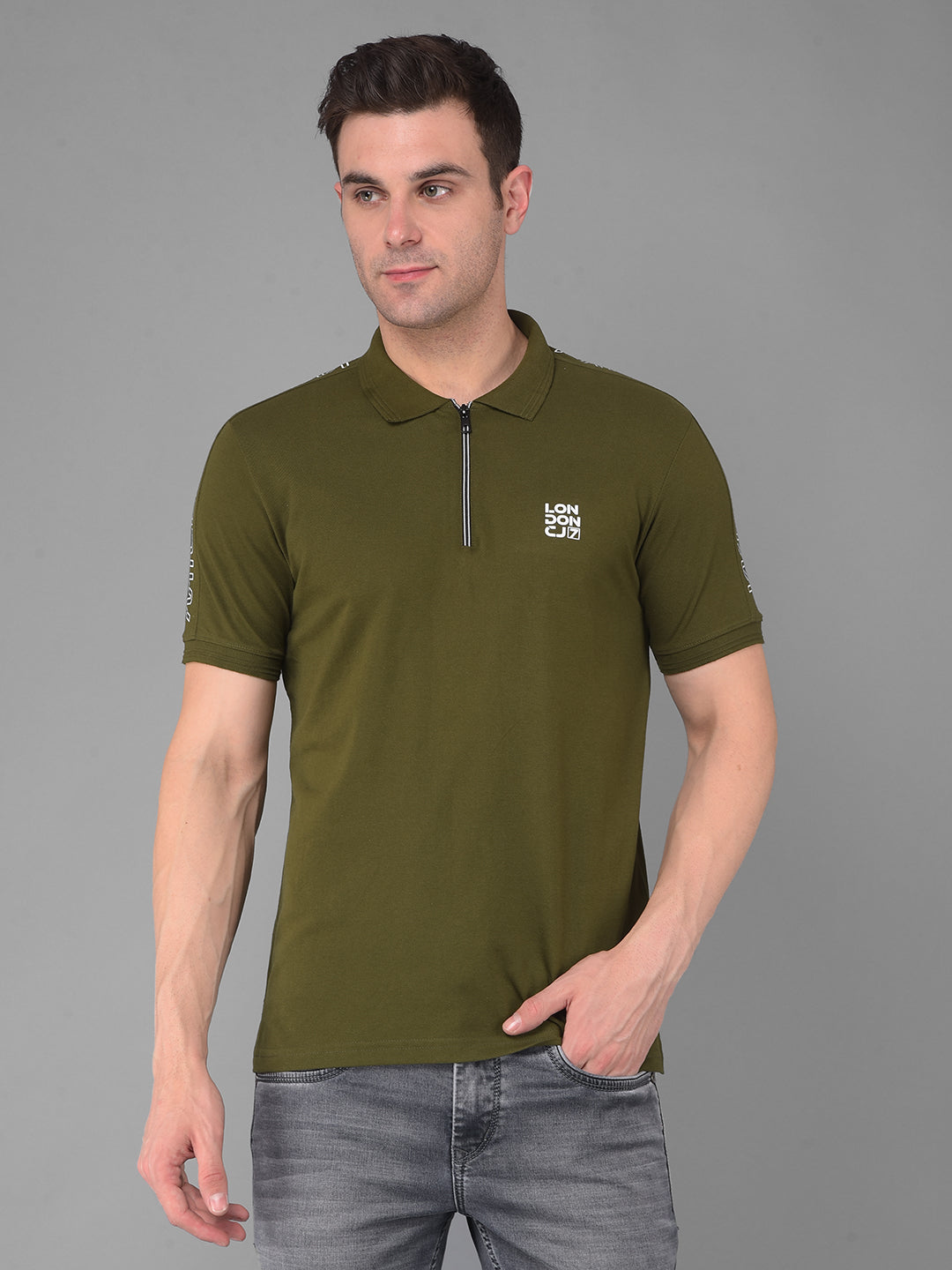cobb solid dark olive green zipper polo neck t-shirt