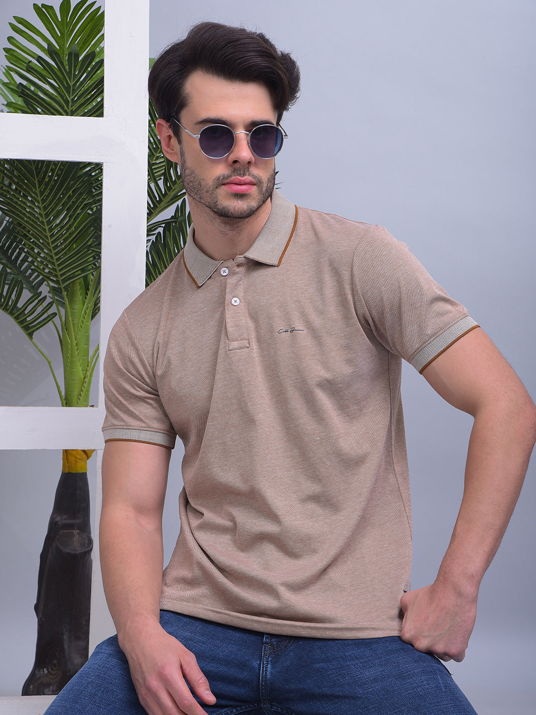 cobb solid light brown polo neck t-shirt