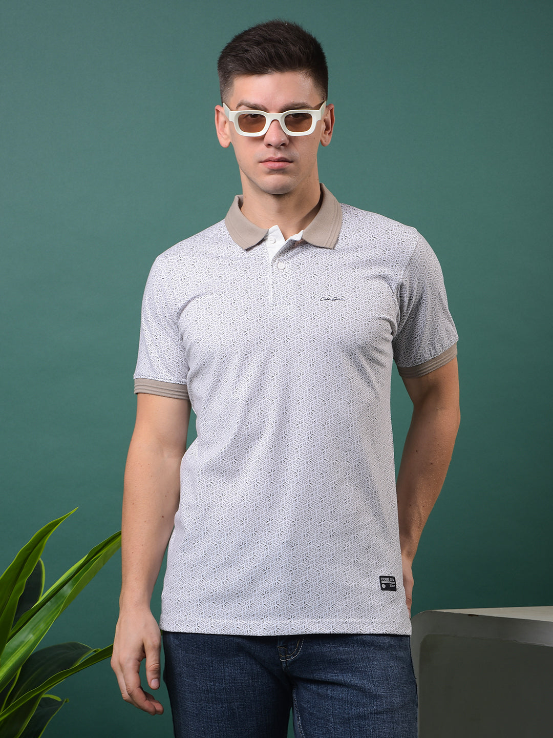 cobb white printed polo neck t-shirt