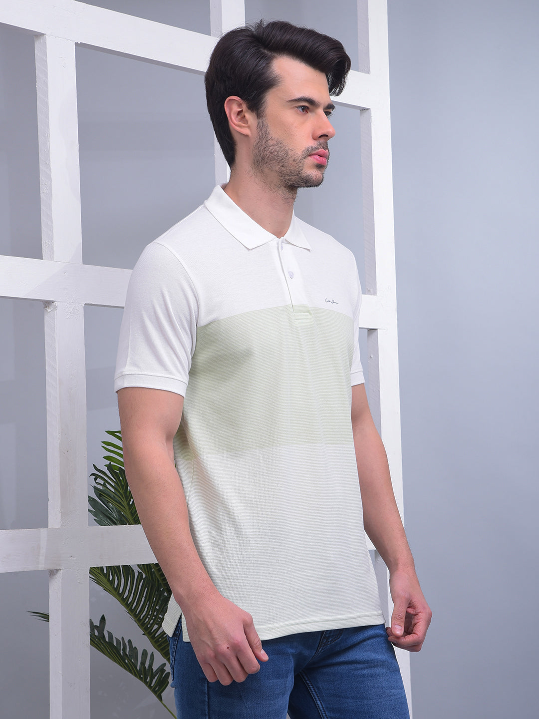 COBB LIGHT GREEN COLOR-BLOCK POLO NECK T-SHIRT