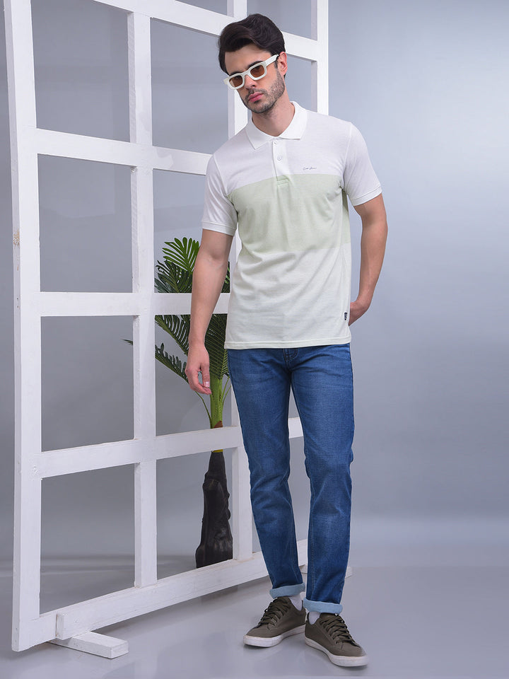 COBB LIGHT GREEN COLOR-BLOCK POLO NECK T-SHIRT