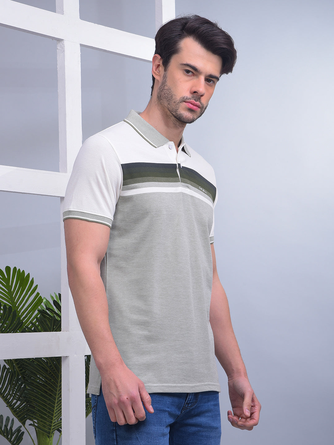 COBB LIGHT GREEN STRIPED POLO NECK T-SHIRT