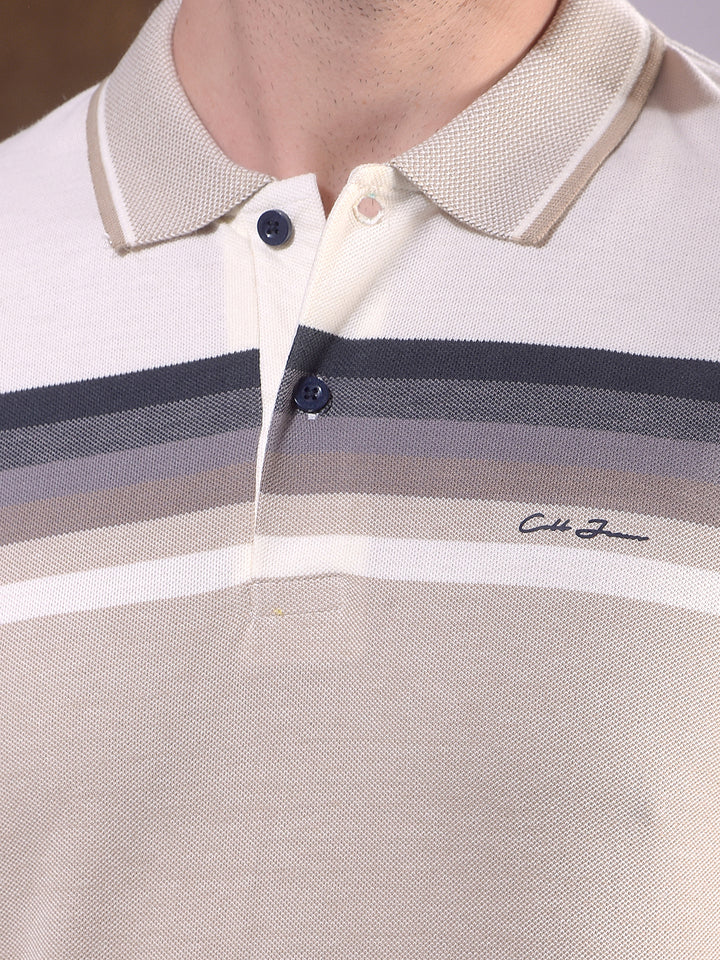 COBB BEIGE COLOR-BLOCK POLO NECK T-SHIRT
