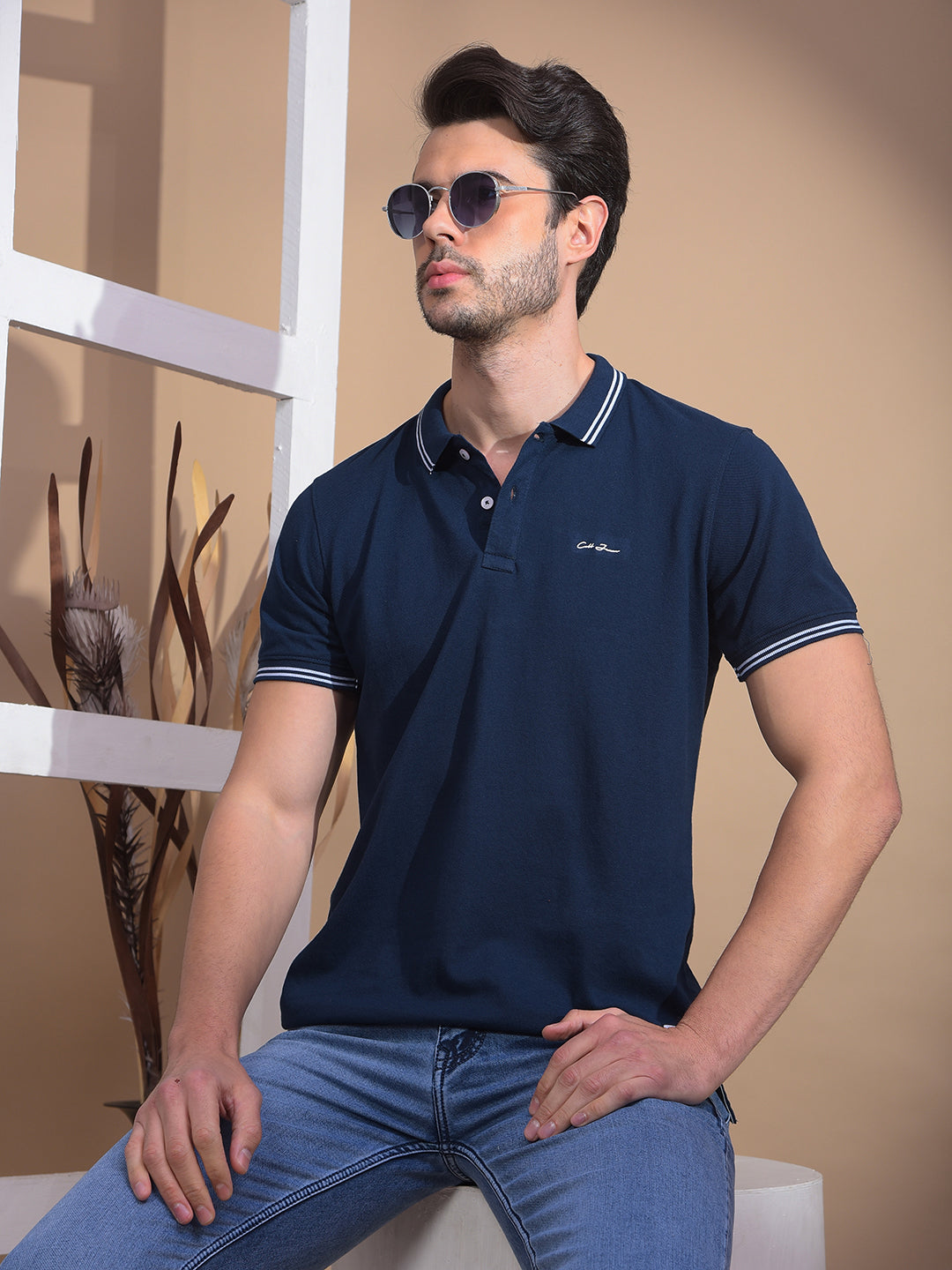 cobb solid navy blue polo neck t-shirt