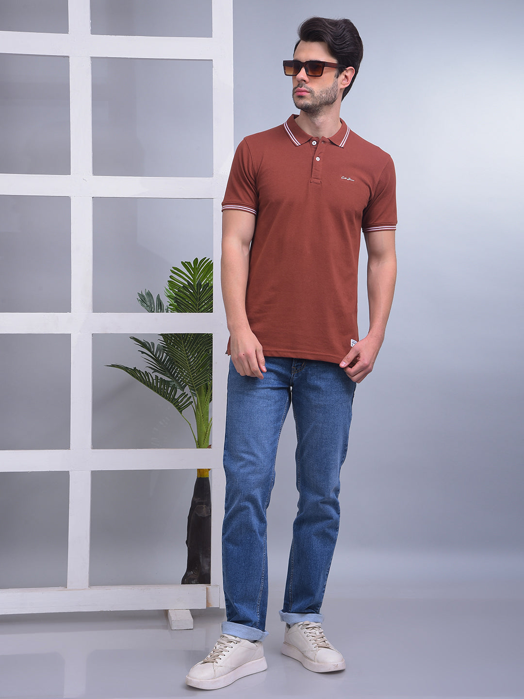 COBB SOLID BROWN POLO NECK T-SHIRT