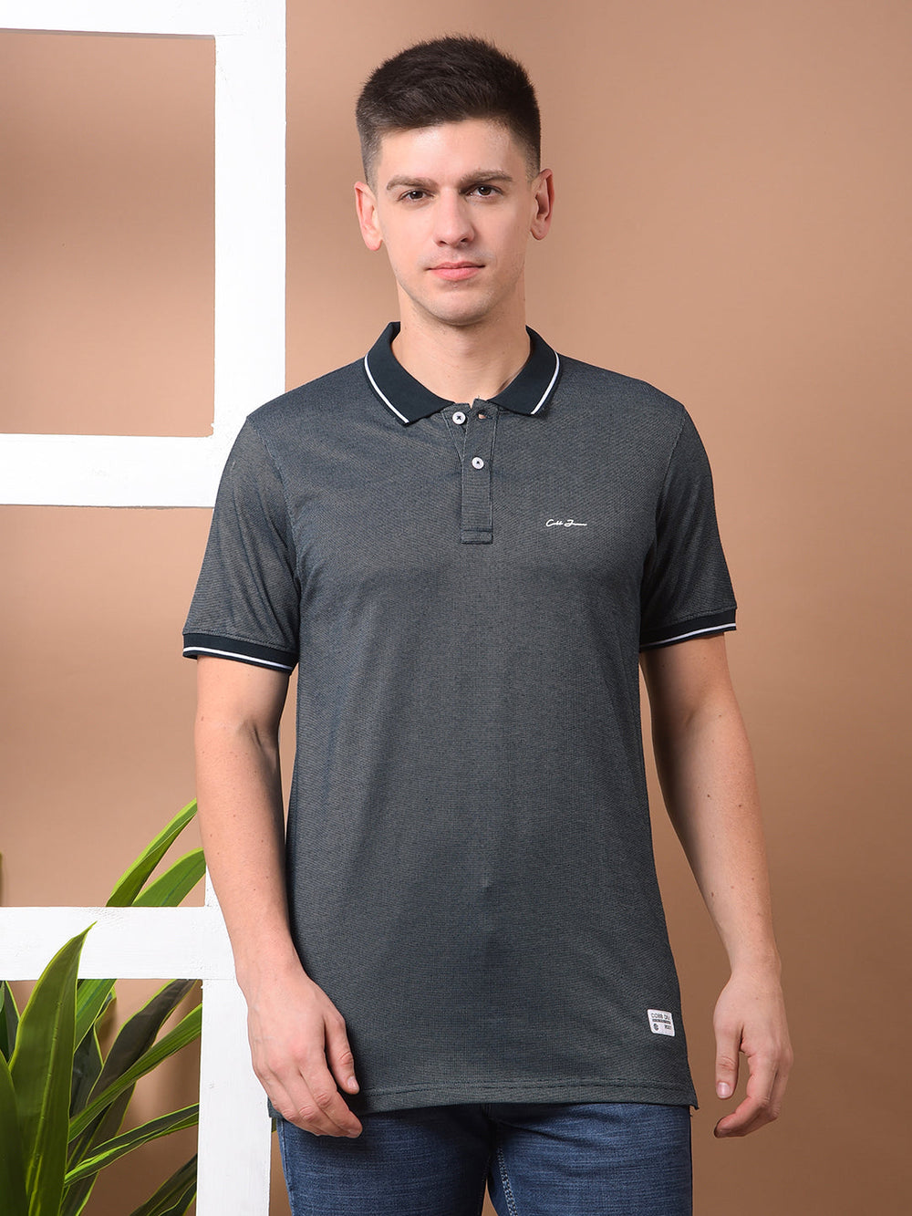 cobb teal self-design polo neck t-shirt