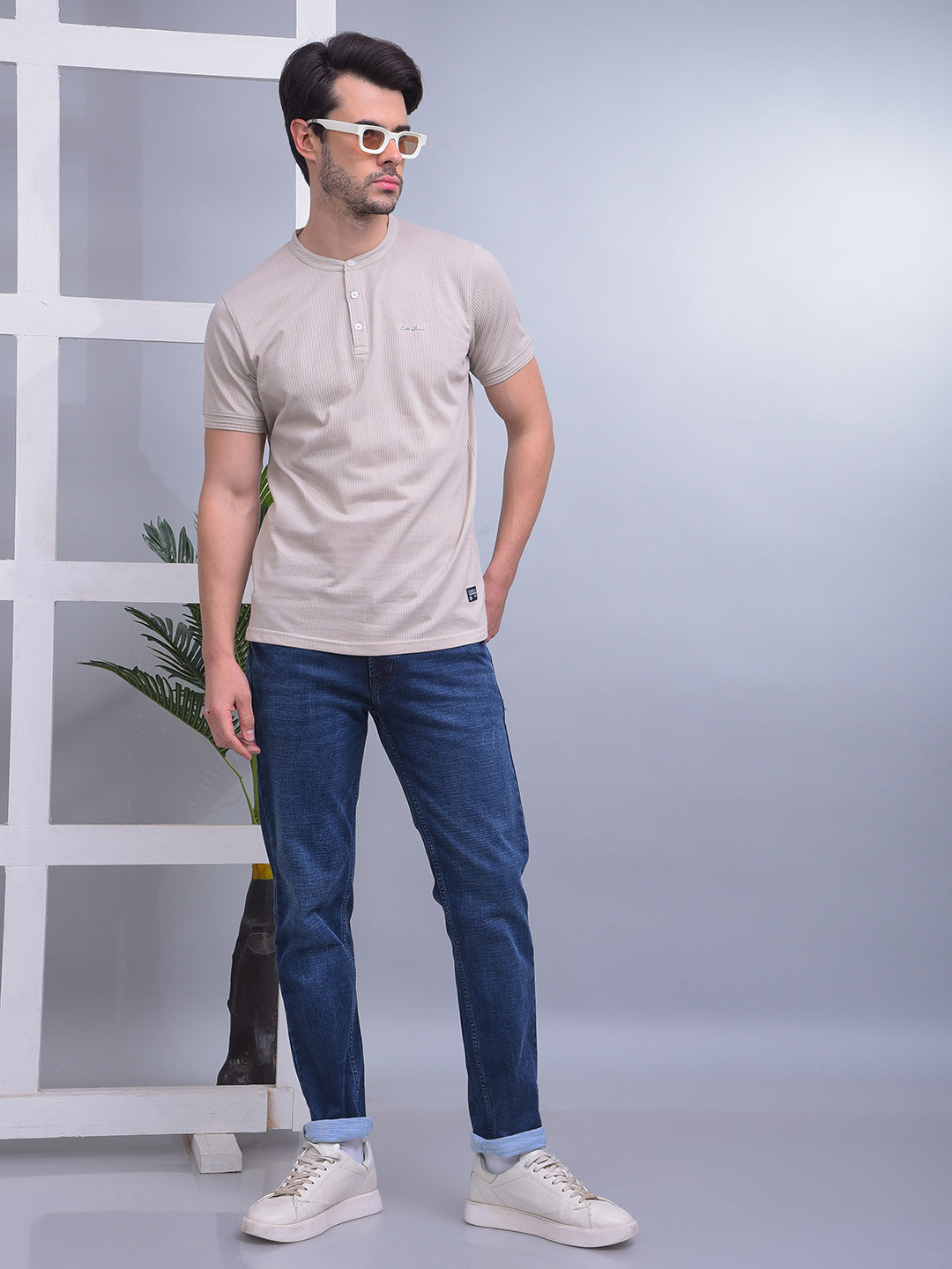 cobb solid beige round neck t-shirt