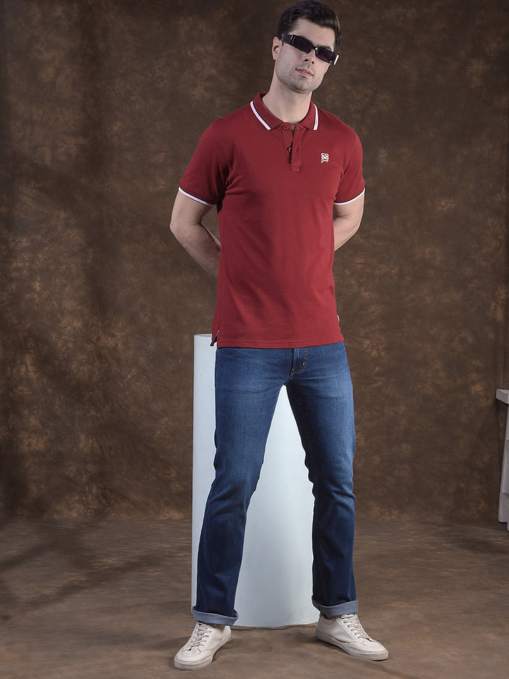 COBB MAROON SELF-DESIGN POLO NECK T-SHIRT