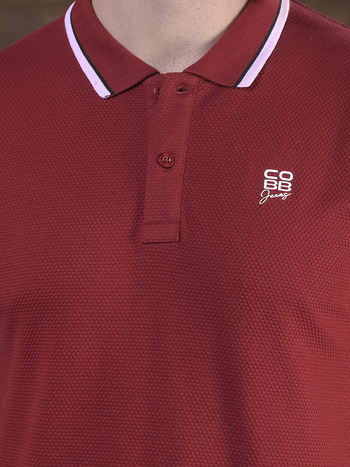 COBB MAROON SELF-DESIGN POLO NECK T-SHIRT