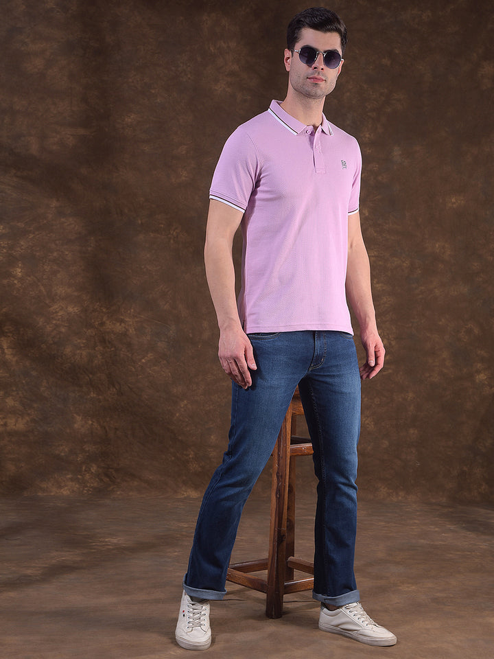 COBB MAUVE SELF-DESIGN POLO NECK T-SHIRT