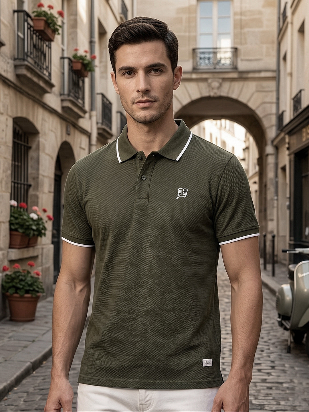 cobb olive solid polo neck t-shirt