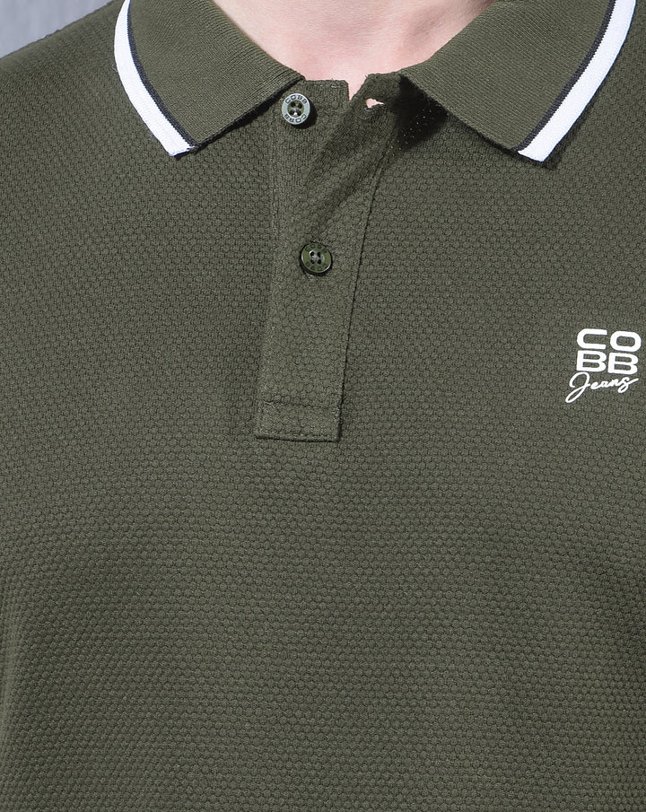 COBB OLIVE SOLID POLO NECK T-SHIRT