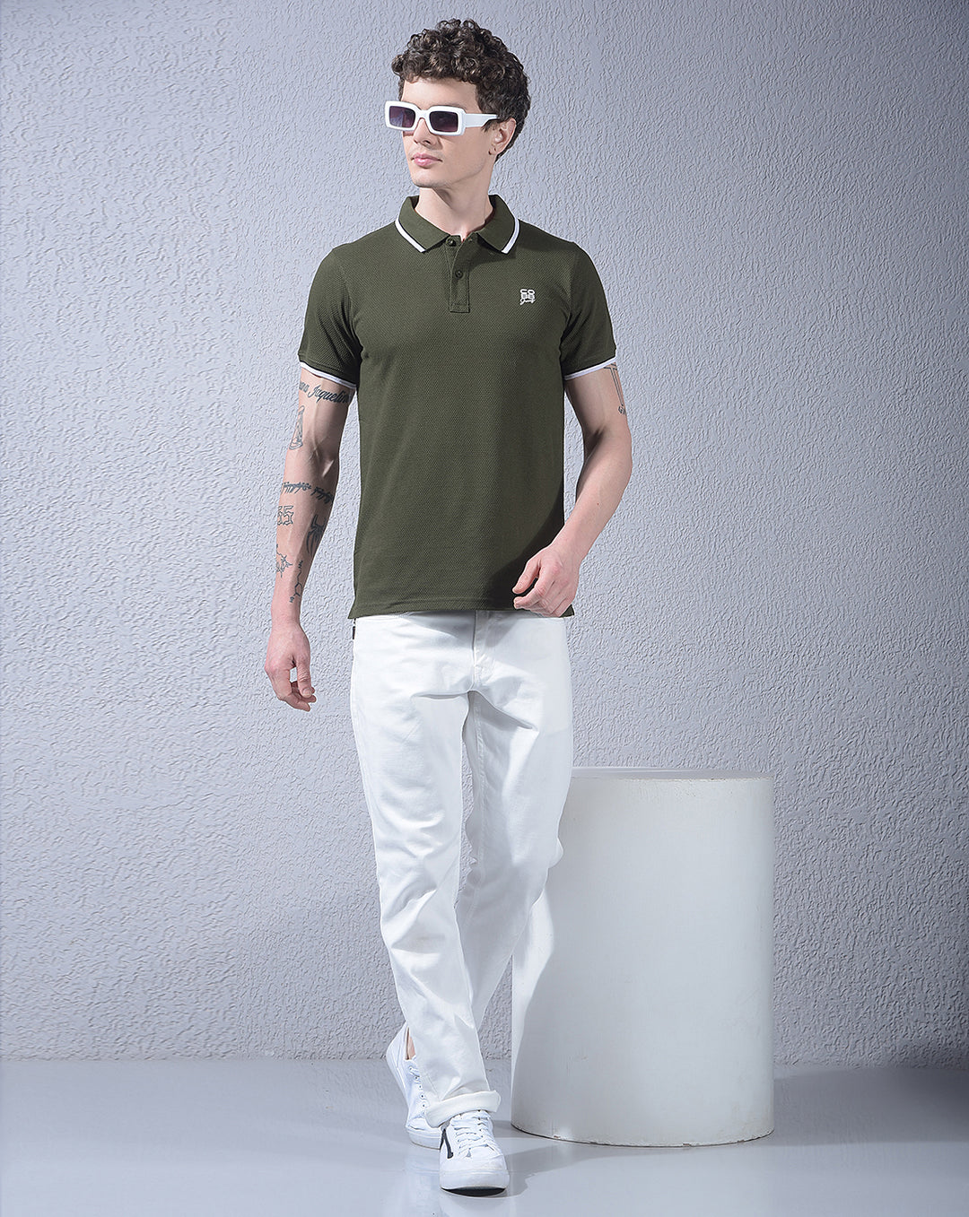 COBB OLIVE SOLID POLO NECK T-SHIRT