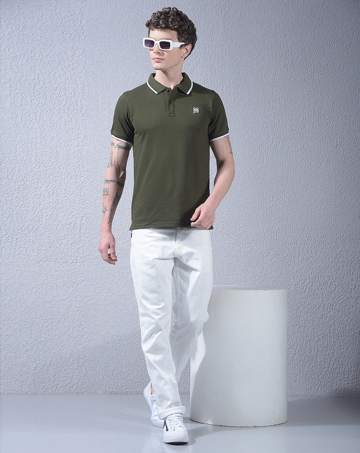 COBB OLIVE SOLID POLO NECK T-SHIRT
