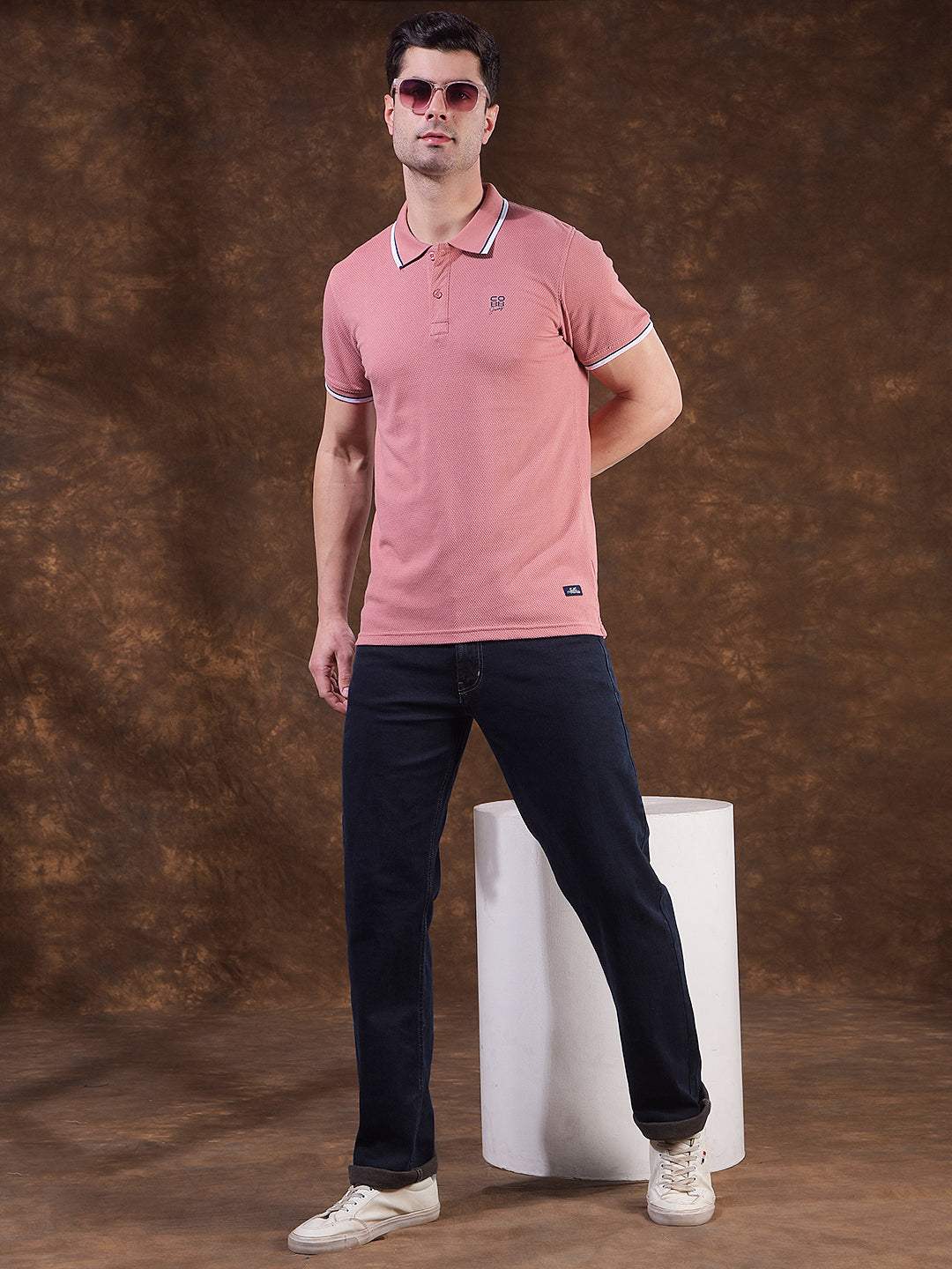 COBB PEACH SELF-DESIGN POLO NECK T-SHIRT