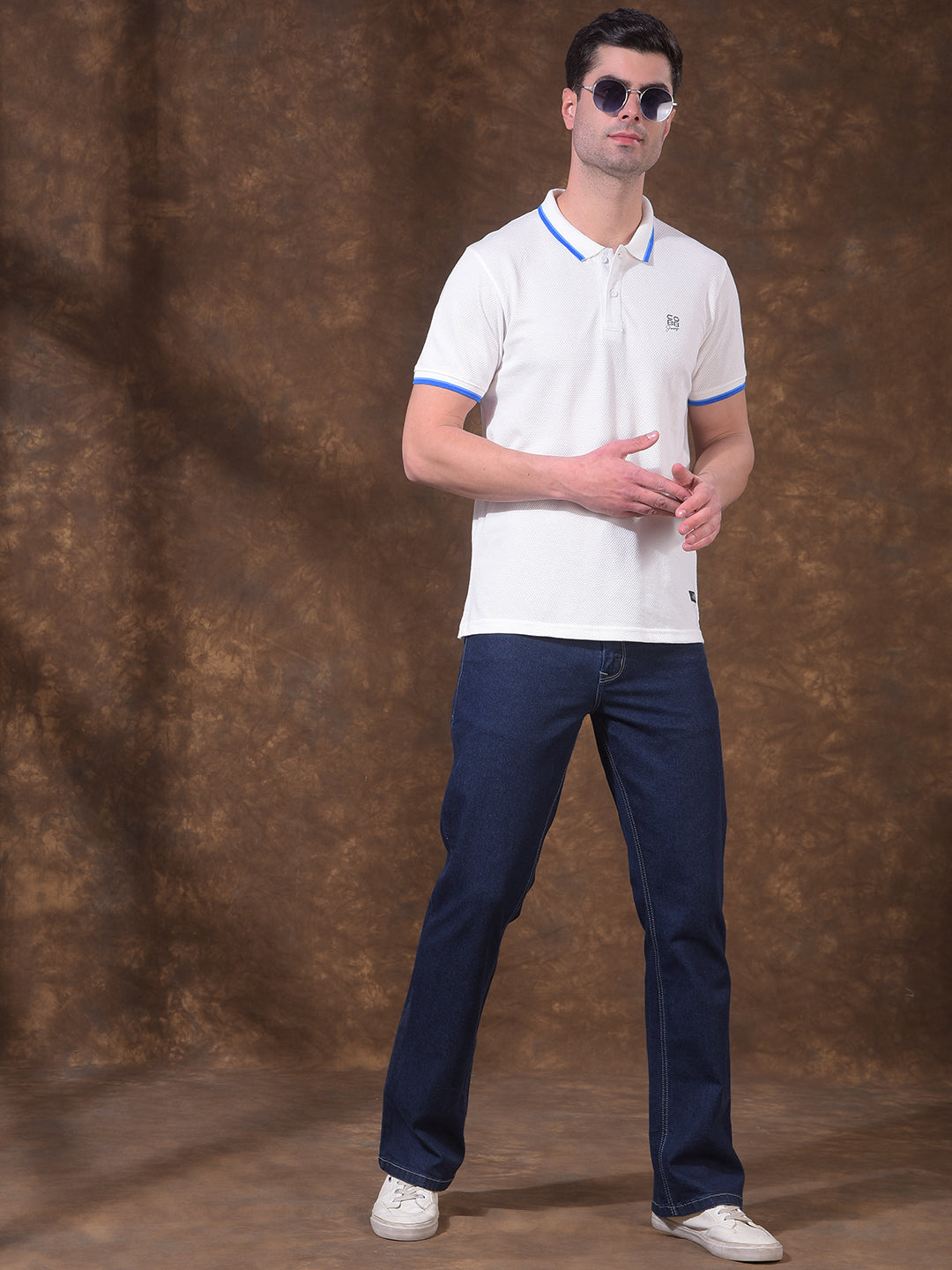 COBB WHITE SELF-DESIGN POLO NECK T-SHIRT