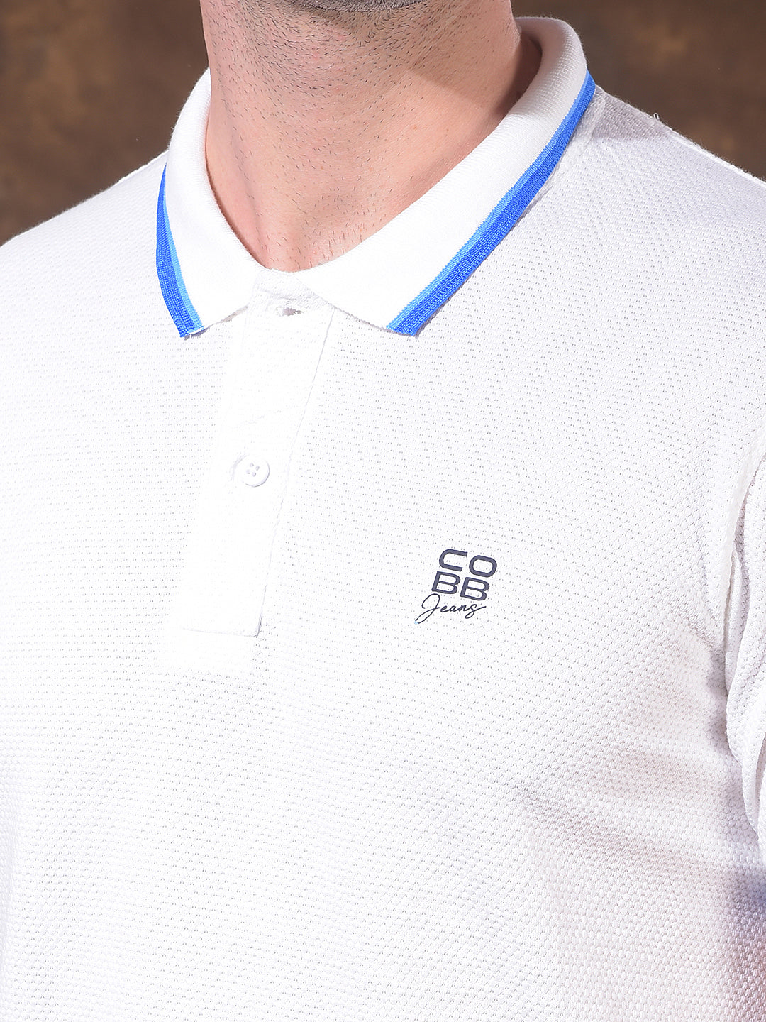 COBB WHITE SELF-DESIGN POLO NECK T-SHIRT
