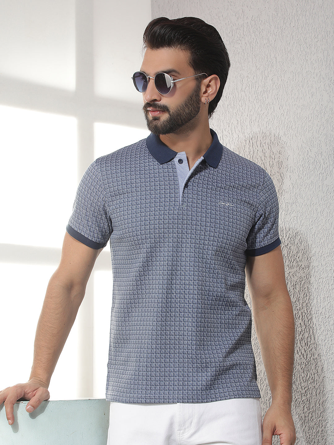 cobb blue checked polo neck t-shirt