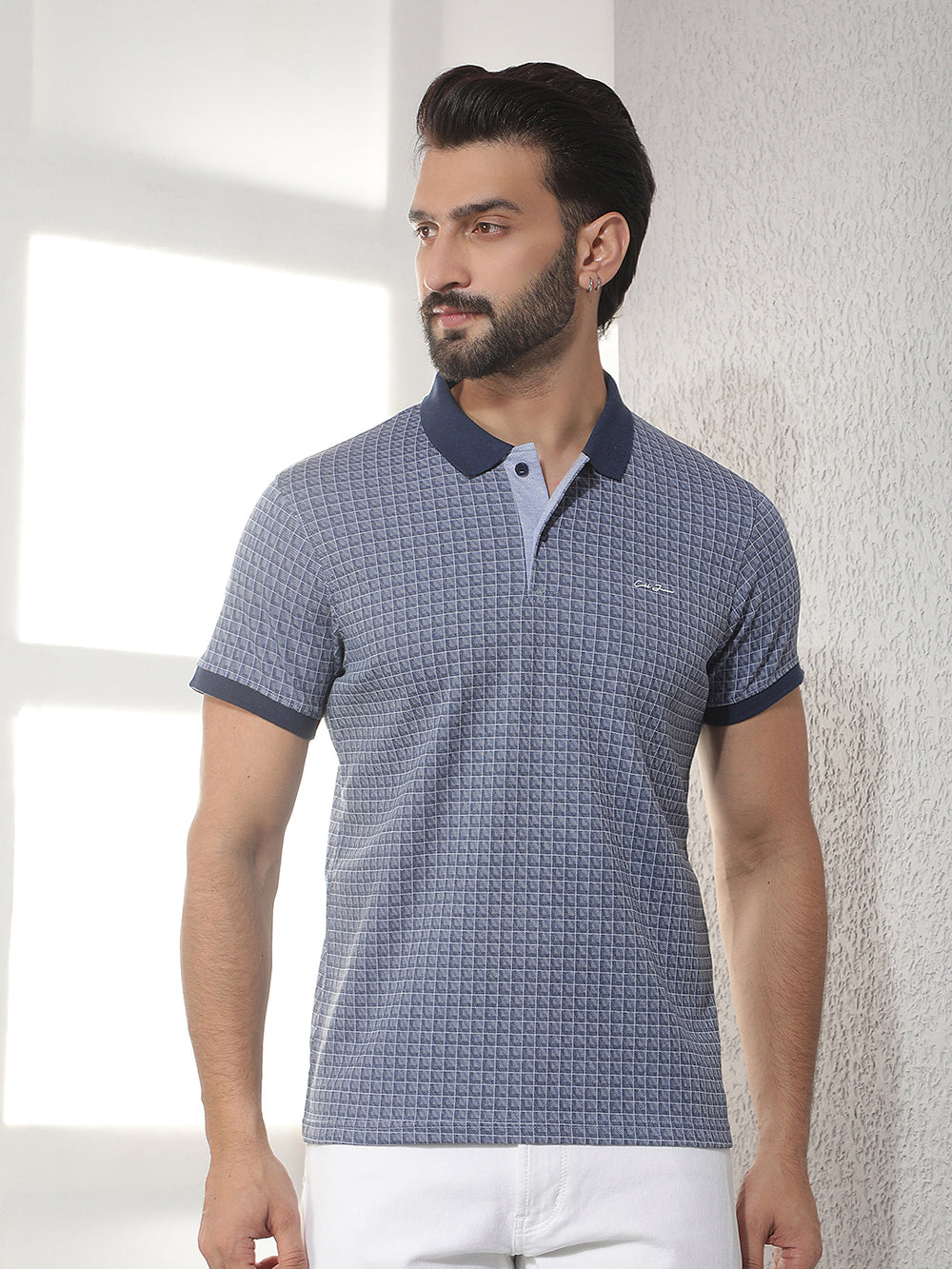cobb blue checked polo neck t-shirt