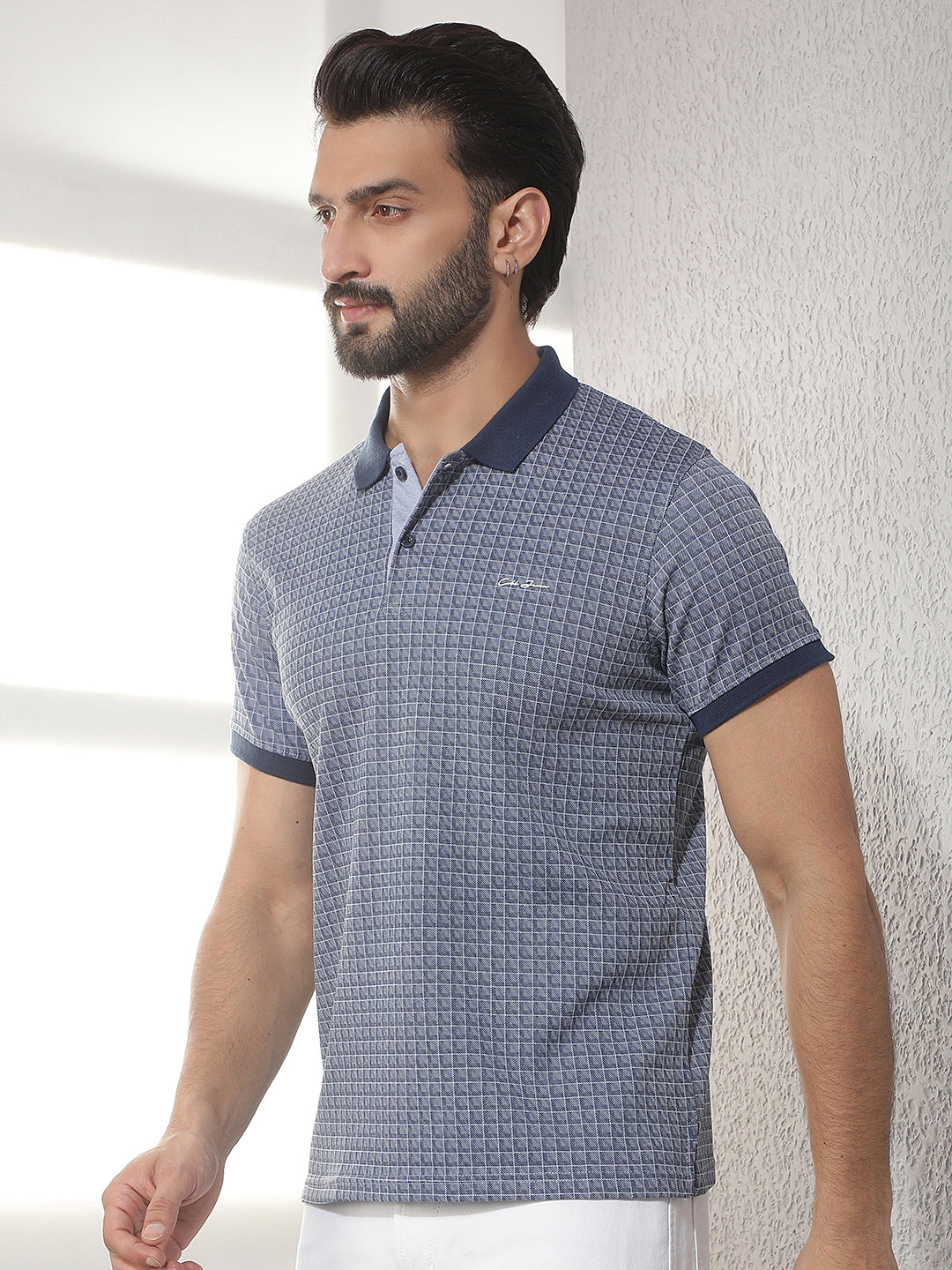 cobb blue checked polo neck t-shirt