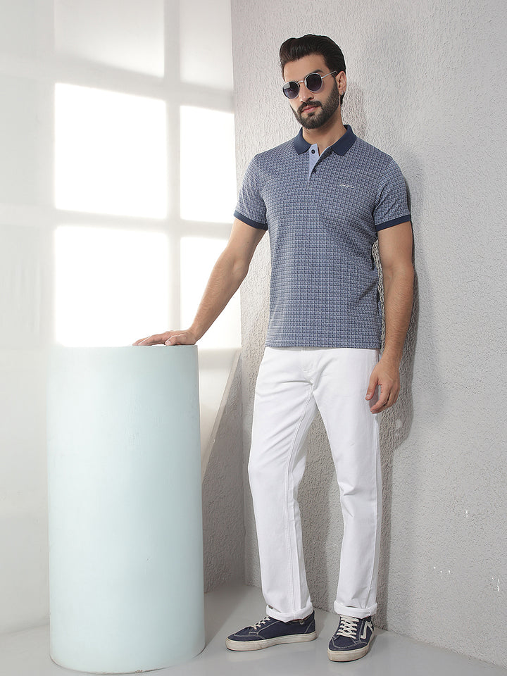 COBB BLUE CHECKED POLO NECK T-SHIRT