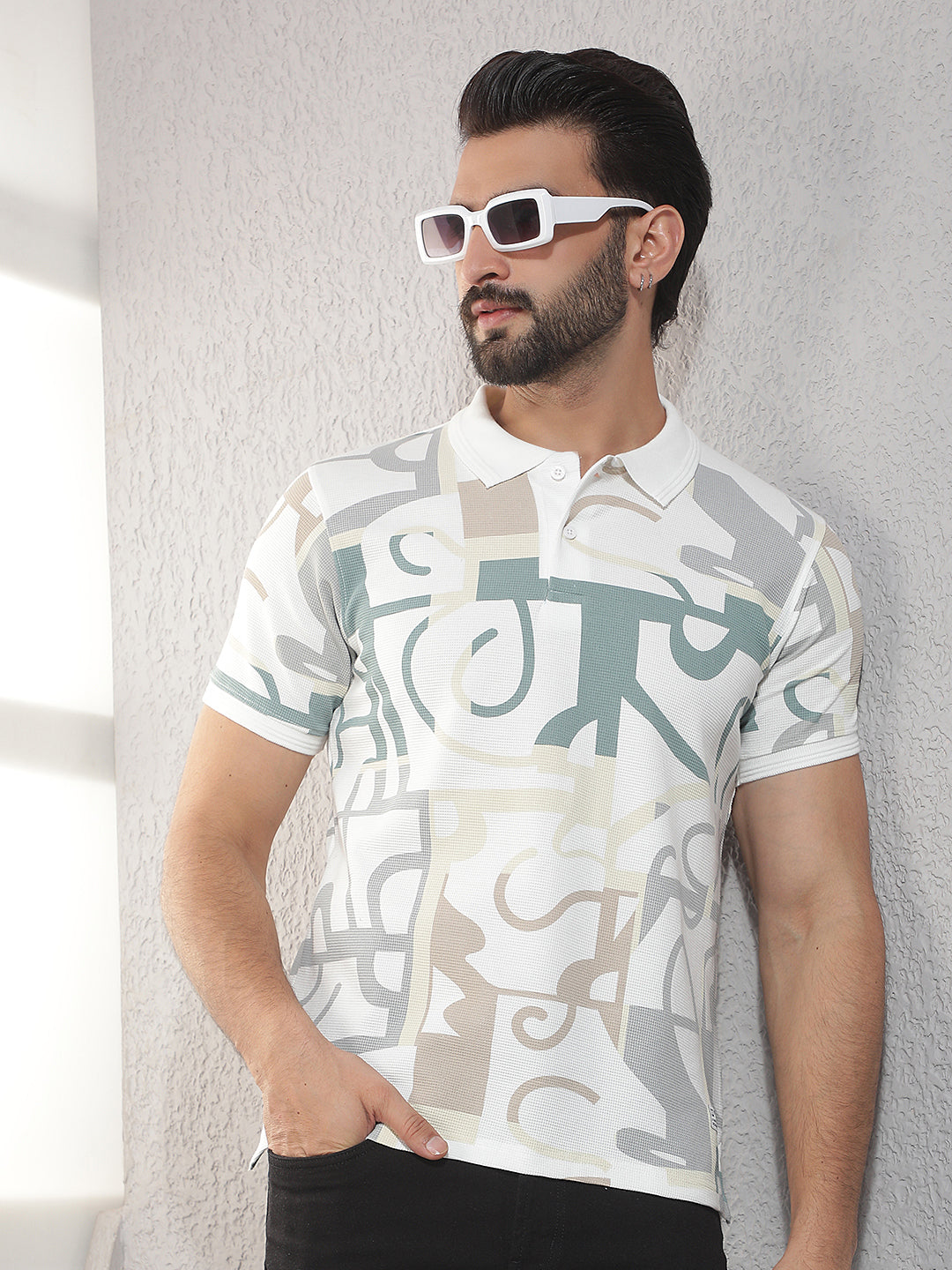 cobb white printed polo neck t-shirt