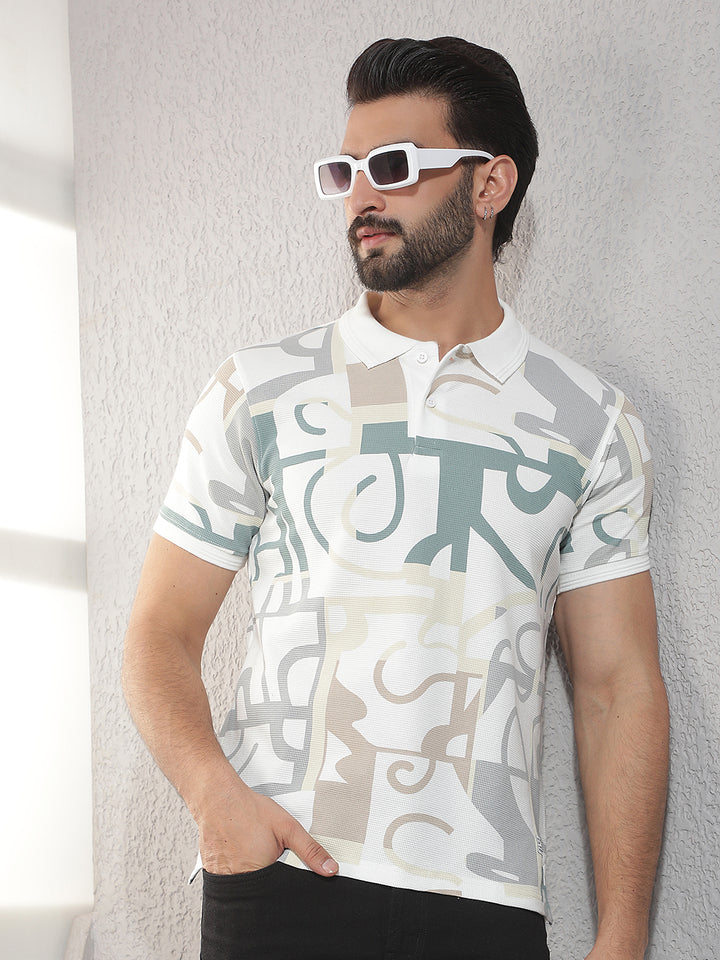 cobb white printed polo neck t-shirt